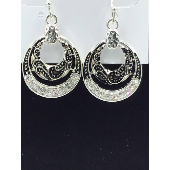 Black, Silver and Rhinestone Hoop Earrings - Picture 2 of 2